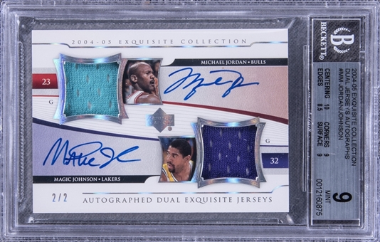 2004-05 UD "Exquisite Collection" Dual Jerseys Autographs #MM Michael Jordan/Magic Johnson Signed Game Used Patch Card (#2/2) – BGS MINT 9/BGS 10